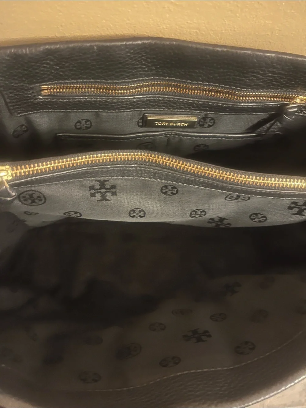 Tory Burch Black Pebbled Leather Tote with Gold Logo Hardware